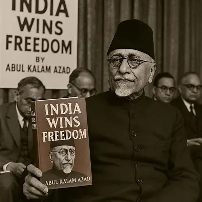 Sepia depiction of Maulana Abul Kalam Azad holding a copy of the book India Wins Freedom, with a placard bearing the title behind him.
