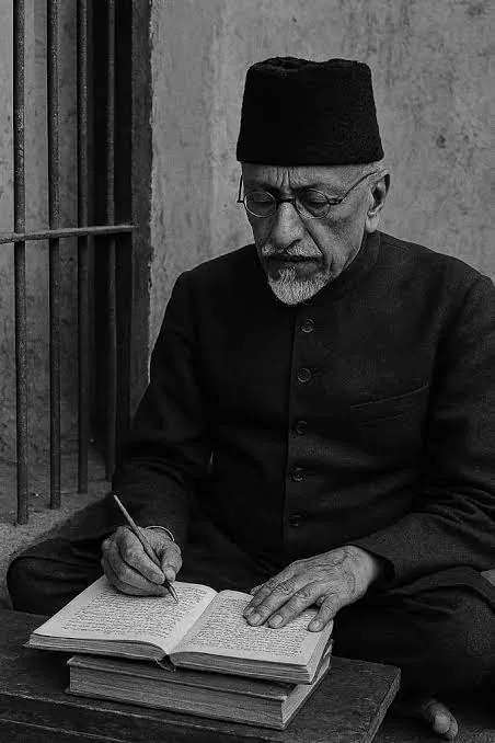 Monochrome depiction of Maulana Abul Kalam Azad seated cross-legged, writing in an open notebook with two closed books beside him.
