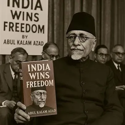 Sepia depiction of Maulana Abul Kalam Azad holding a copy of the book India Wins Freedom.