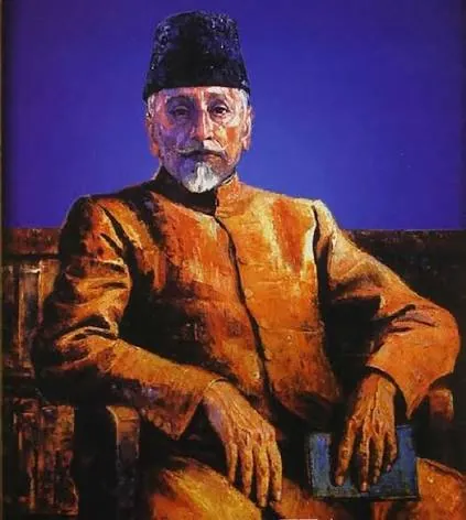 Oil-painted portrait of Maulana Abul Kalam Azad in an ochre sherwani seated against a deep blue background.