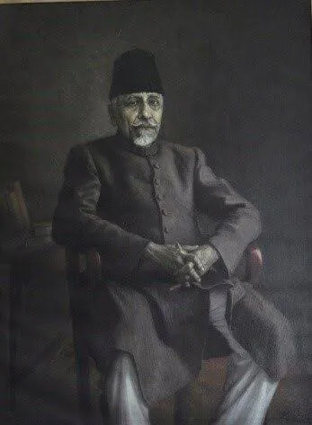 Monochrome painted portrait of Maulana Abul Kalam Azad seated in a chair with his hands clasped.